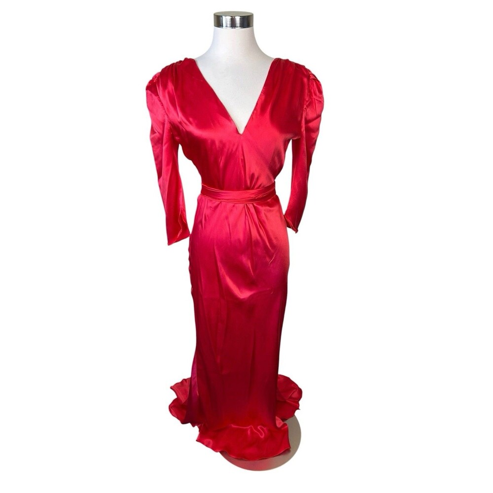 Maria Lucia Hohan Red Tie Back Red Shiny Fluid Silk Formal Dress Sz 6